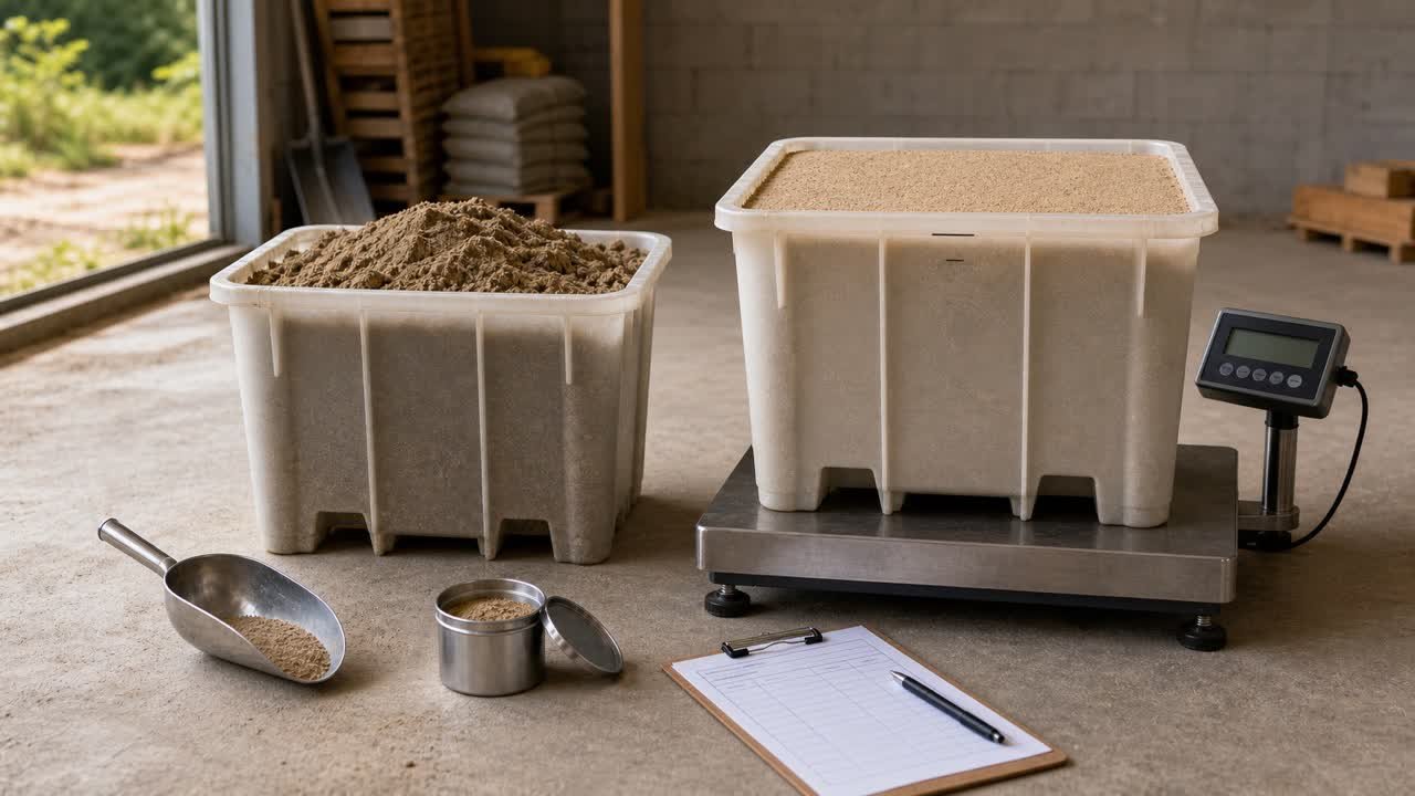 Measured container of construction sand beside a platform scale, sample scoop, moisture container, and supplier record sheet.