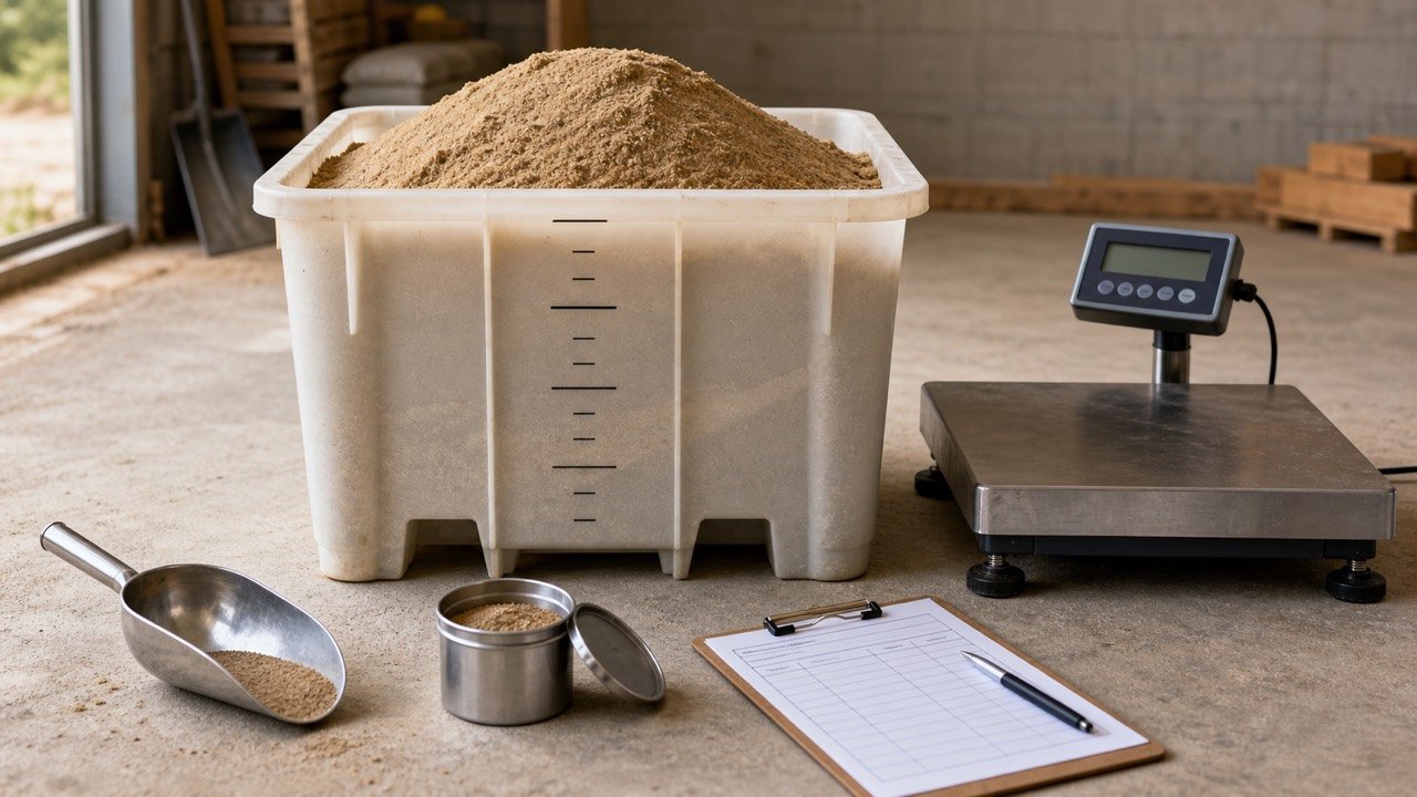 Measured container of construction sand beside a platform scale, sample scoop, moisture container, and supplier record sheet.
