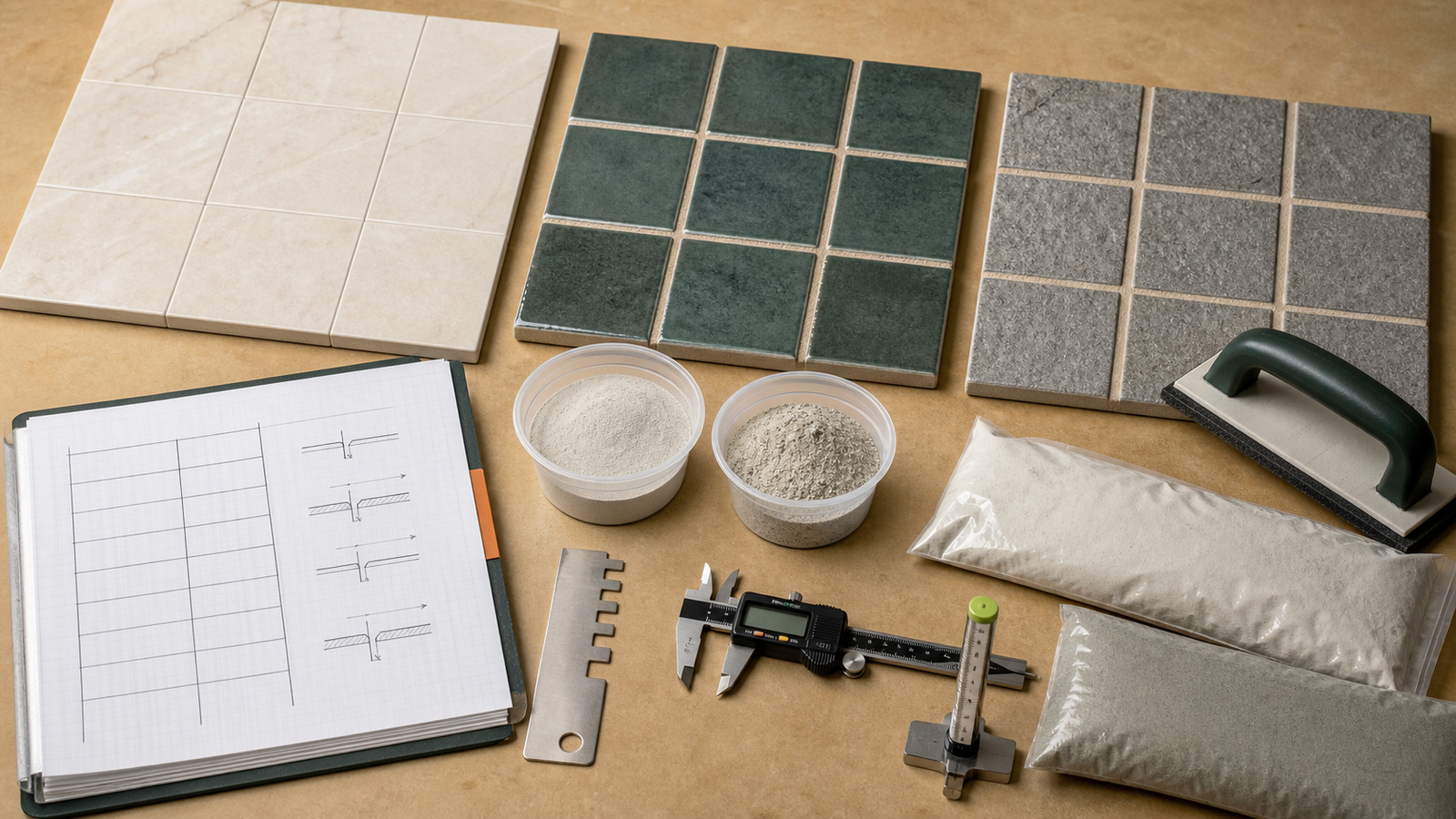 Polished, glazed and textured tile sample boards beside joint gauges, a caliper, grout samples, plain packages and a selection ledger.