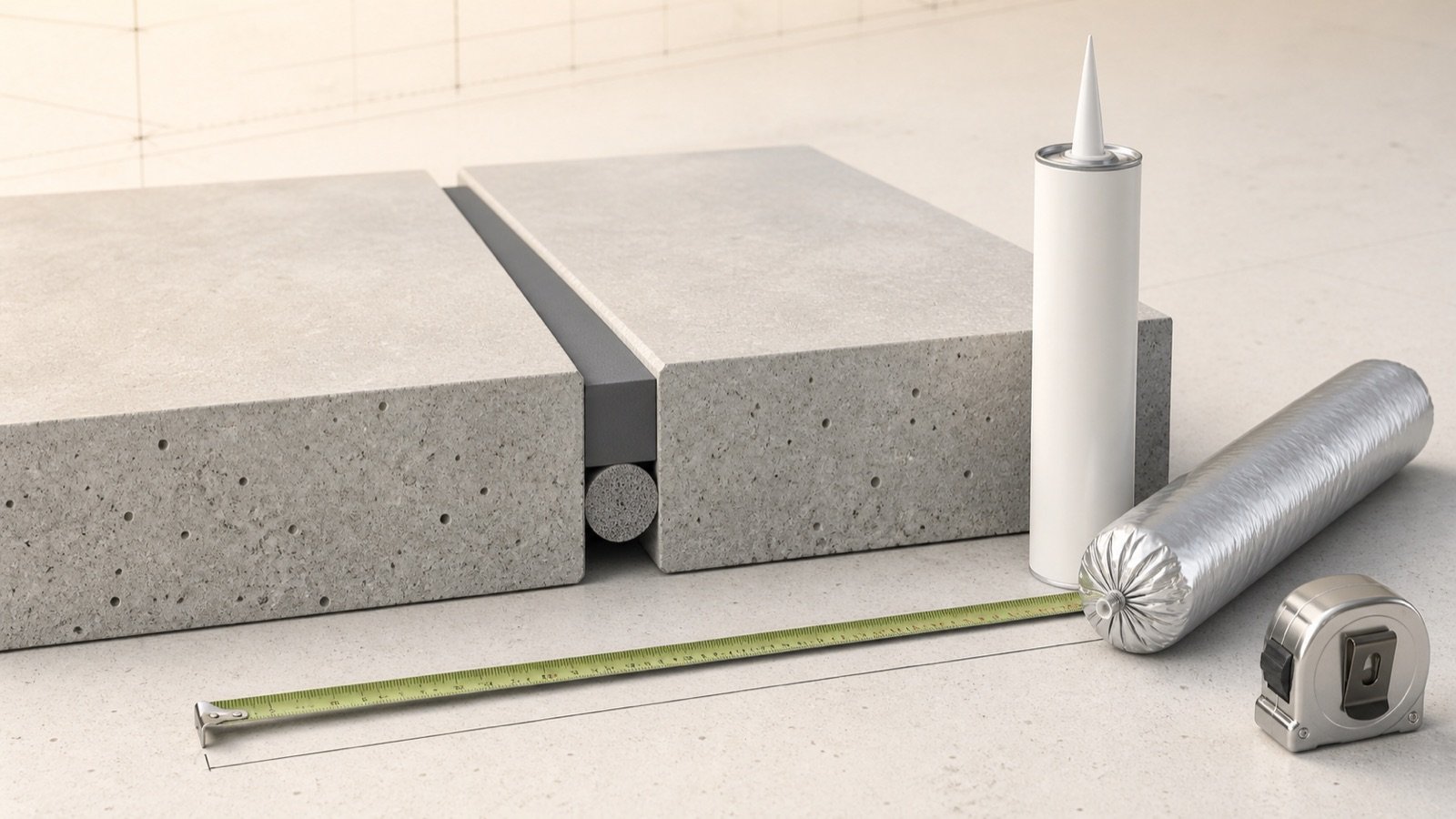Concrete joint cutaway with a controlled sealant bead above backer rod beside an unbranded cartridge, foil sausage and tape measure.