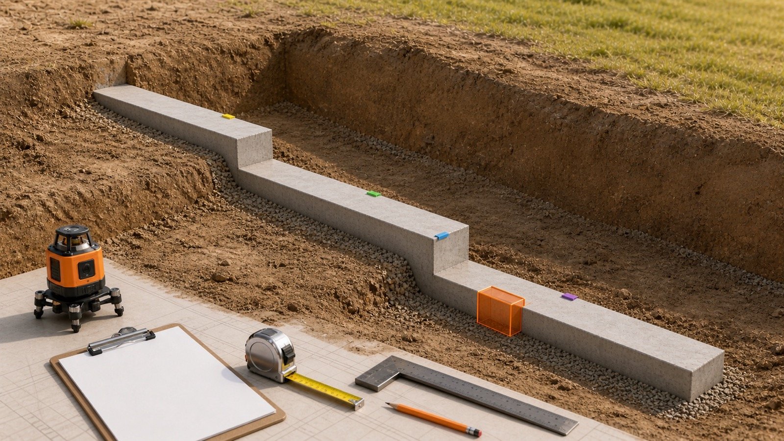 Narrow concrete strip footing changing level through a sloped trench, with colored run markers, a highlighted transition block and takeoff tools.