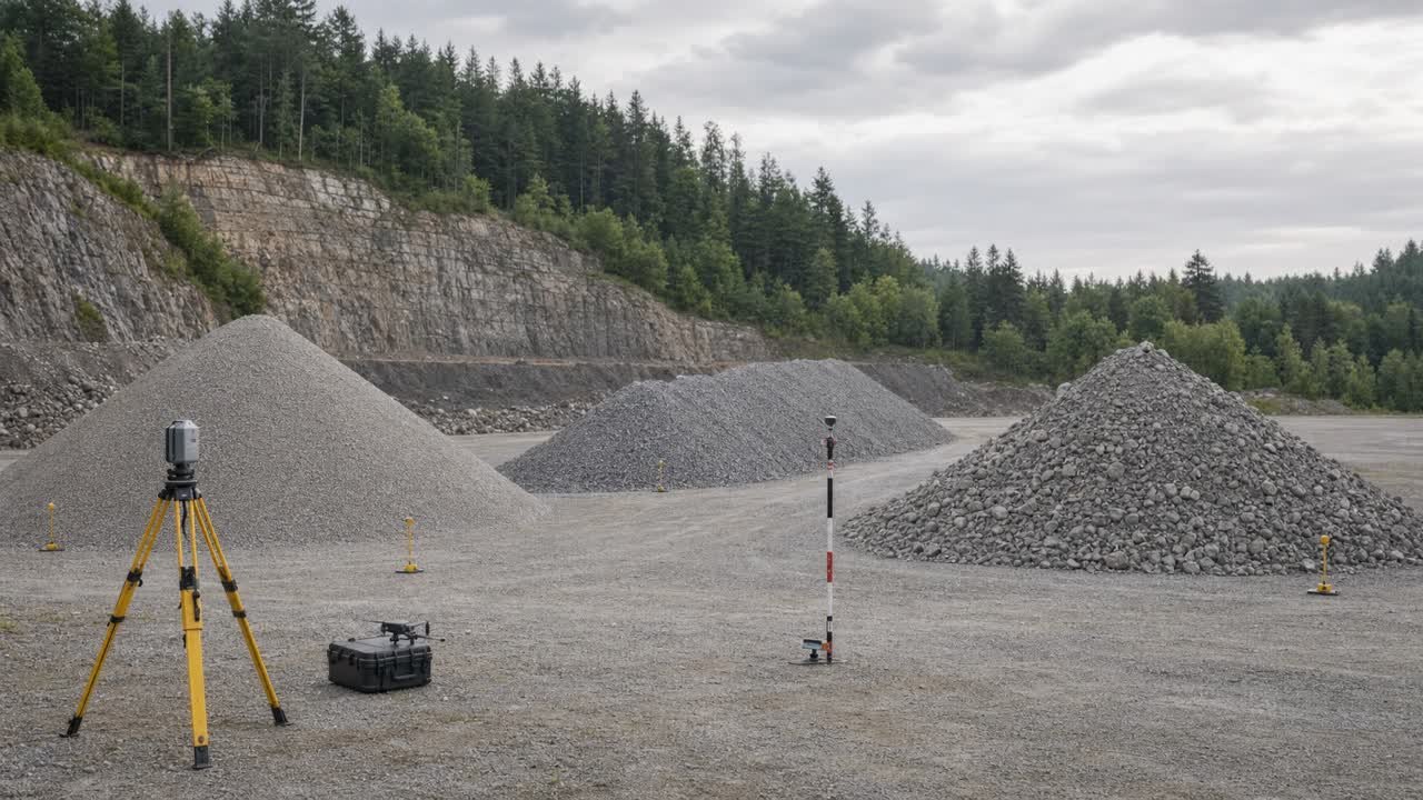 Three differently shaped aggregate stockpiles in a quarry yard with survey tripod, prism pole, drone case, and ground markers.