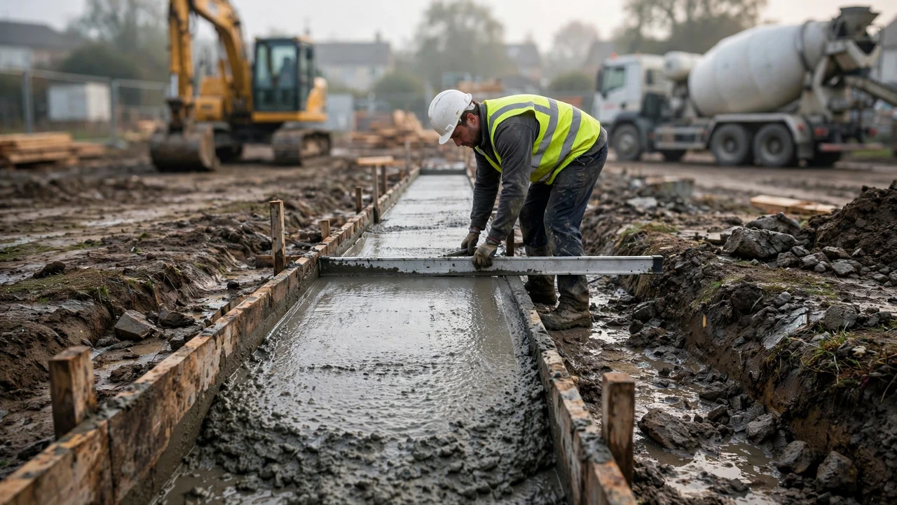 A construction worker in a hard hat and hi-vis vest screeding fresh concrete in a timber-formed strip footing trench, with an excavator and a concrete mixer truck in the background.