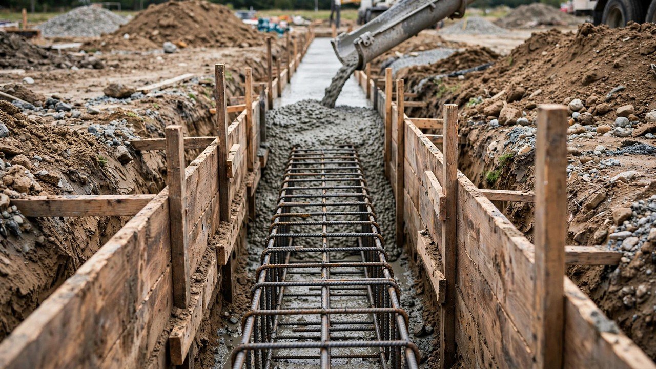 A steel rebar cage inside a formed strip-footing trench while wet concrete flows from a chute into the far end of the footing.
