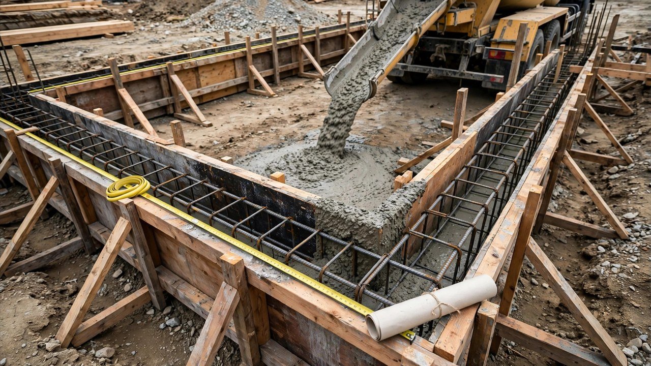 A mixer truck chute pours concrete into the corner of an L-shaped strip footing formed in timber, with steel rebar cages in both runs, a yellow measuring tape stretched along one run, and rolled plans resting on the formwork edge.