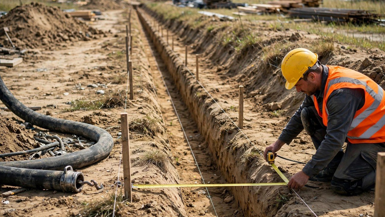 A construction worker in a yellow hard hat and orange safety vest kneeling at the edge of a long strip footing trench, stretching a yellow tape measure across the trench; wooden survey stakes with string lines mark the footing line and a concrete pump hose lies beside the trench.
