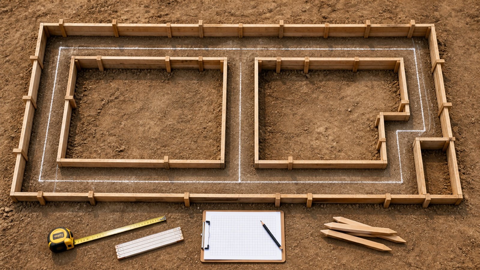 Top-down strip-footing formwork with a chalk centreline, interior junction, re-entrant jog, tape measure and blank takeoff sheet.