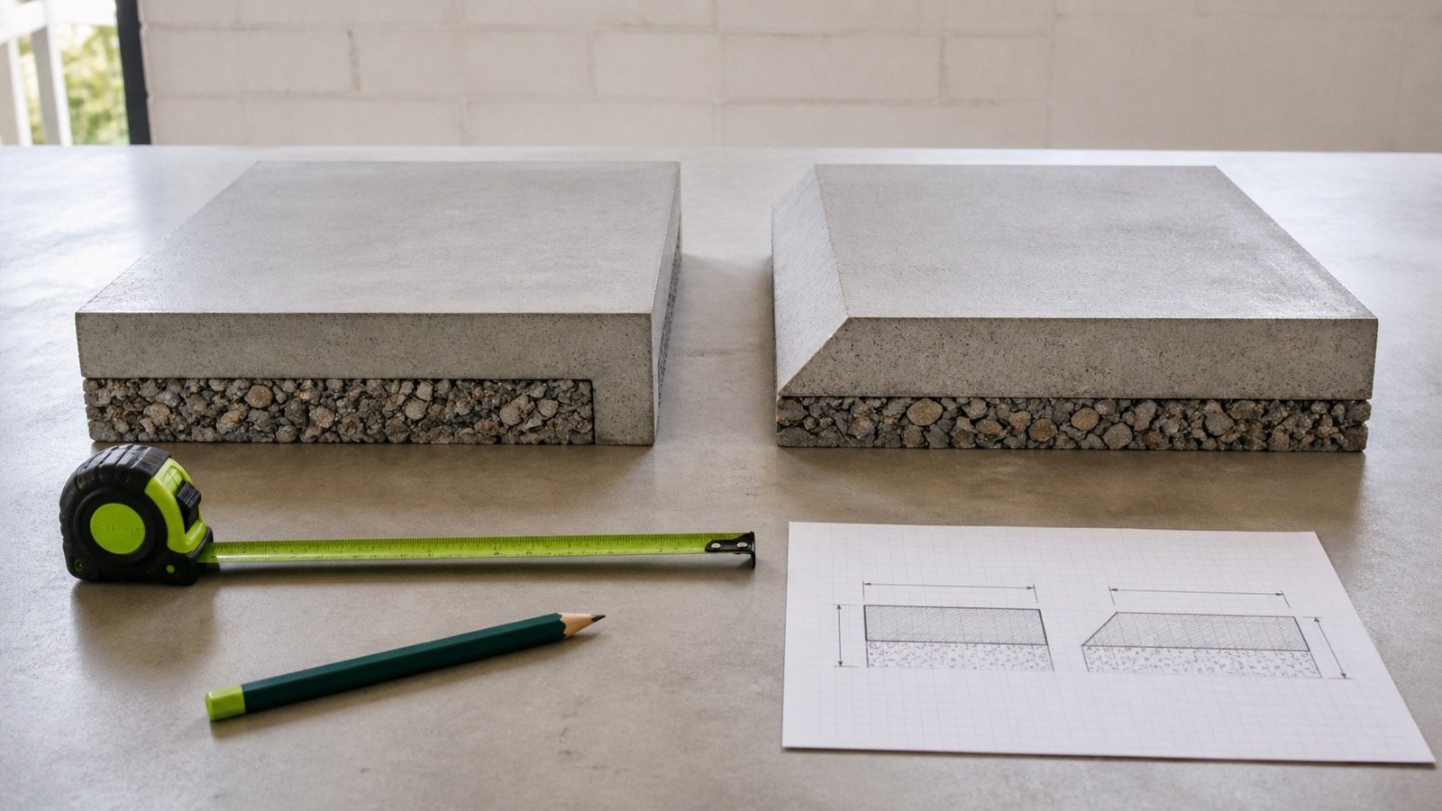 Two concrete slab edge cutaway models showing a square deepened edge and a sloped deepened edge beside measuring tools.