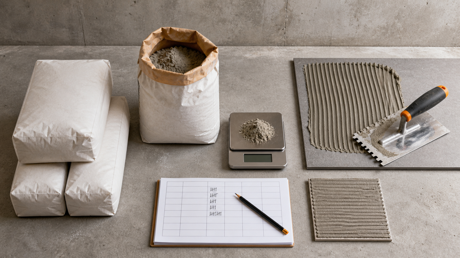 Sealed and open tile adhesive bags, a digital scale, notched trowels, mortar-coated tiles and a quantity ledger on a workbench.