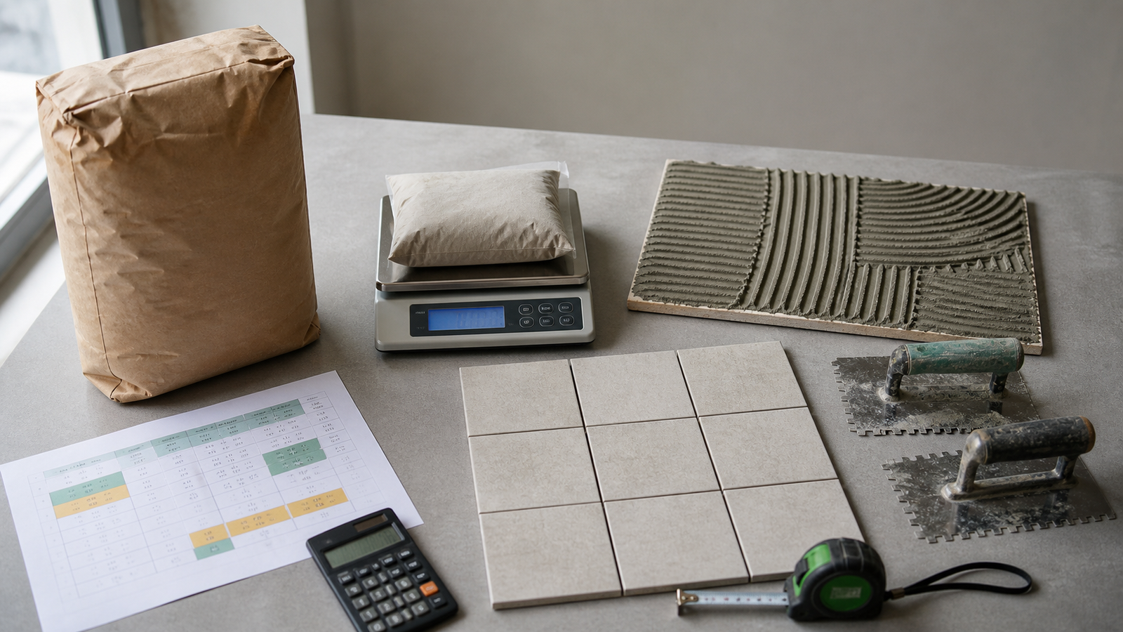 Plain mortar bag, sealed material sample on a digital scale, tile grid, notched trowels, calculator and quantity worksheet.