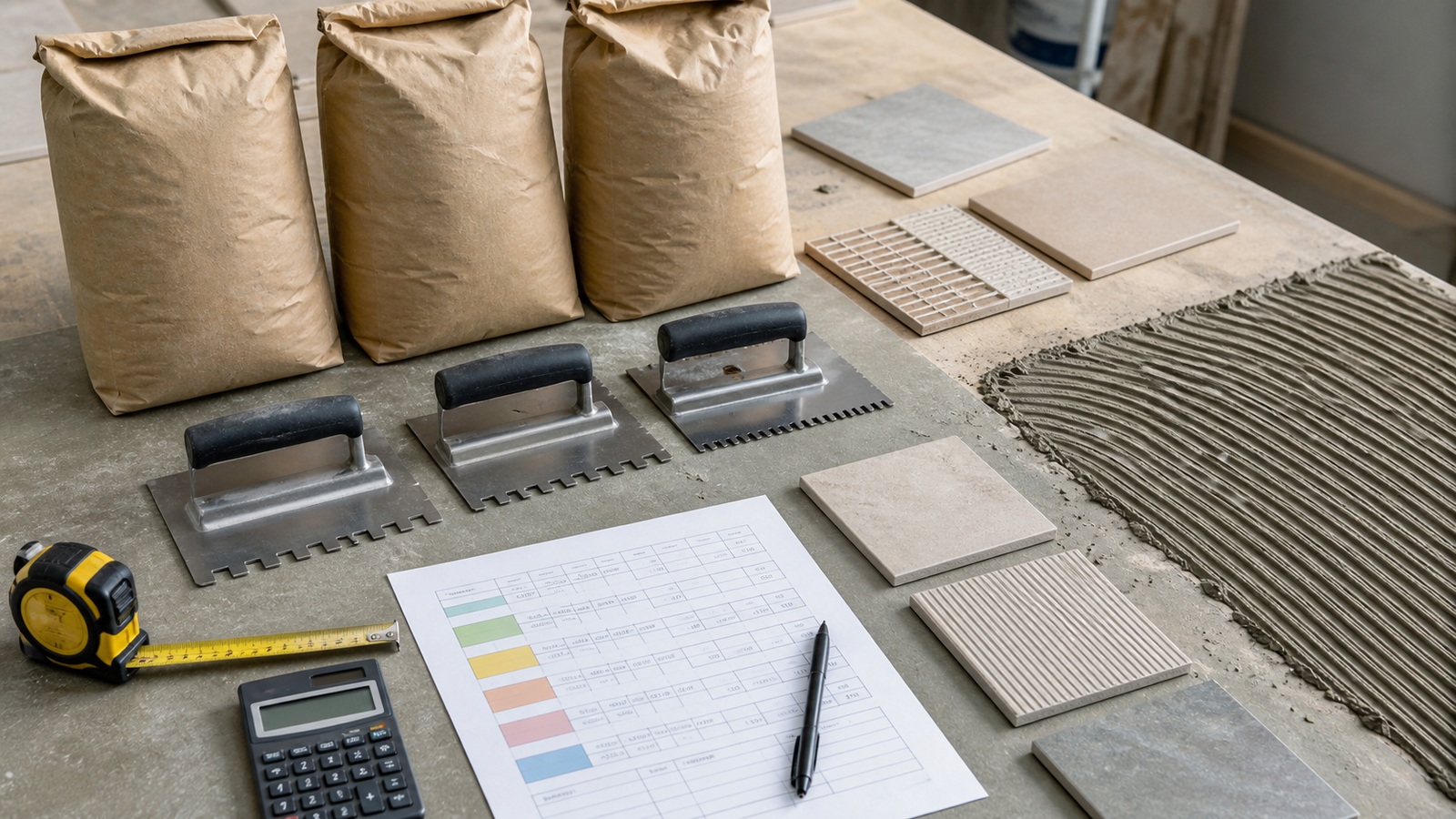 Three plain mortar bags beside different notched trowels, tile samples, combed adhesive ridges and a coverage worksheet.