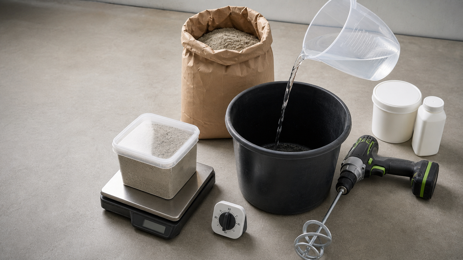 Measured water pouring into a clean mortar bucket beside dry tile adhesive, a scale, timer, mixing paddle and separate component containers.