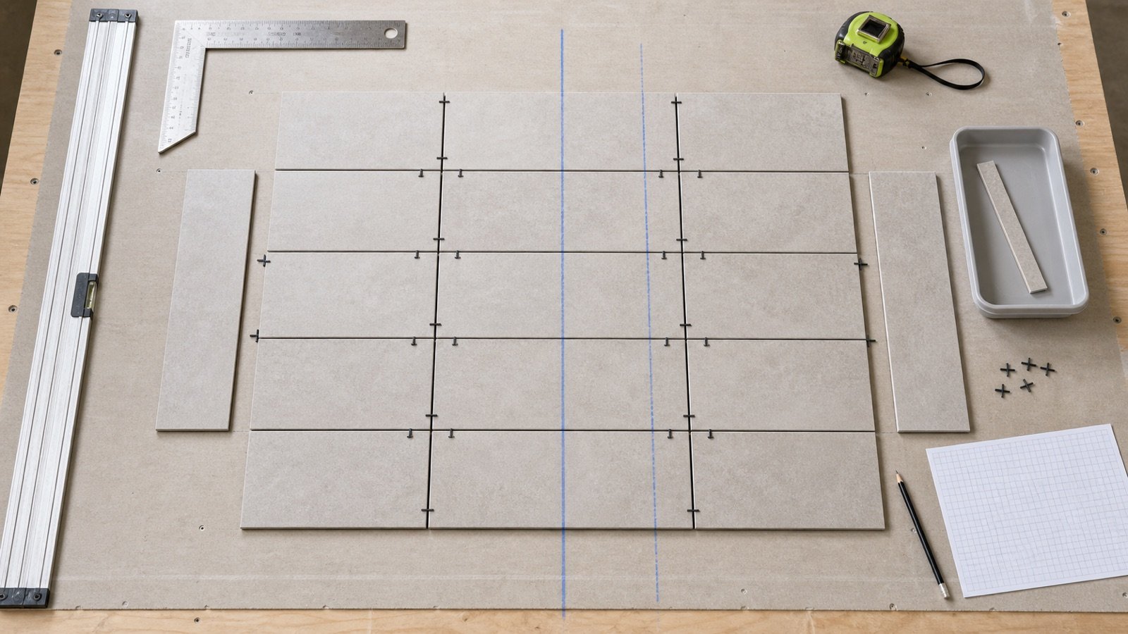 Overhead dry tile layout with two blue reference lines, equal edge pieces, a thin rejected sliver, spacers, square, tape and blank graph paper.