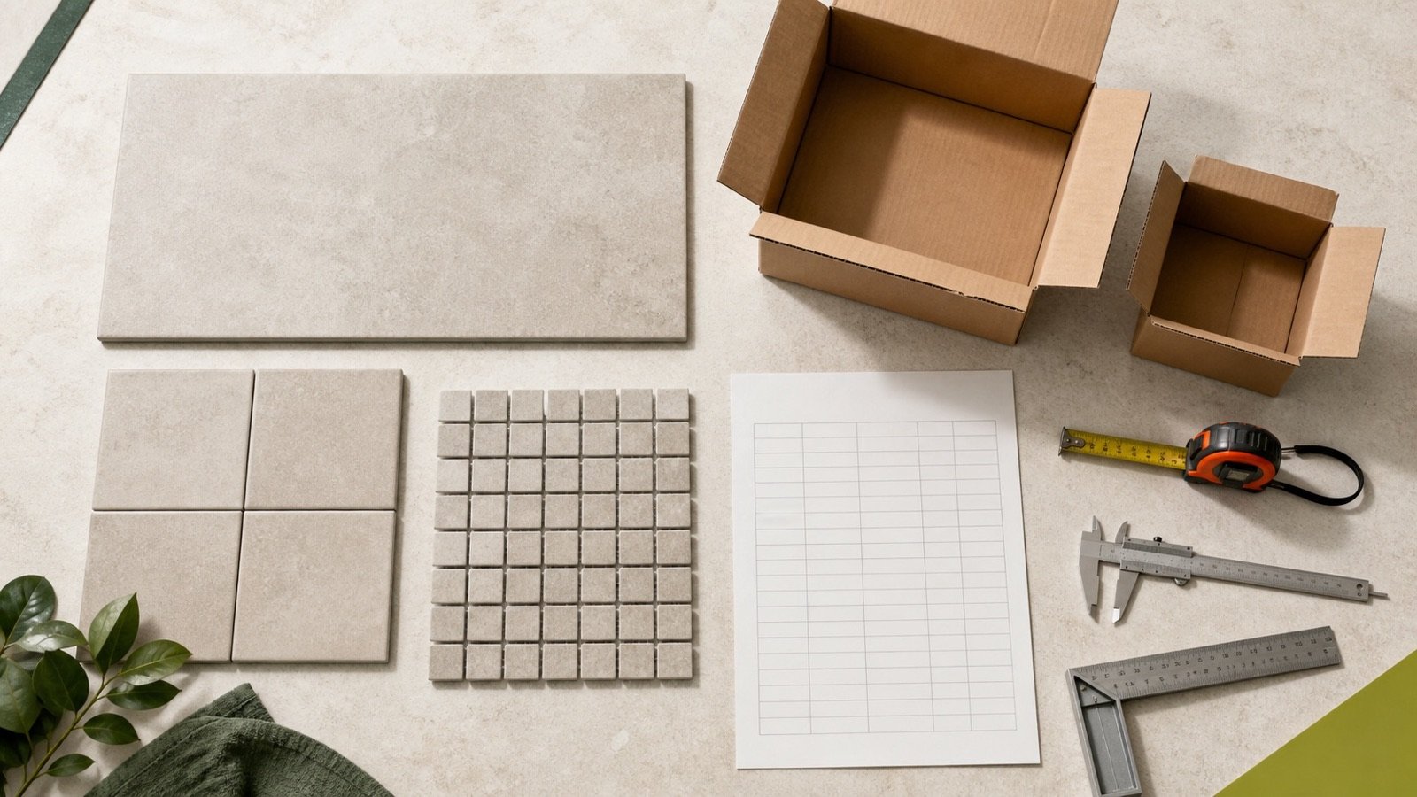 Several rectangular, square and mesh-mounted mosaic tile formats beside open cartons, a tape measure, caliper, square and blank product worksheet.