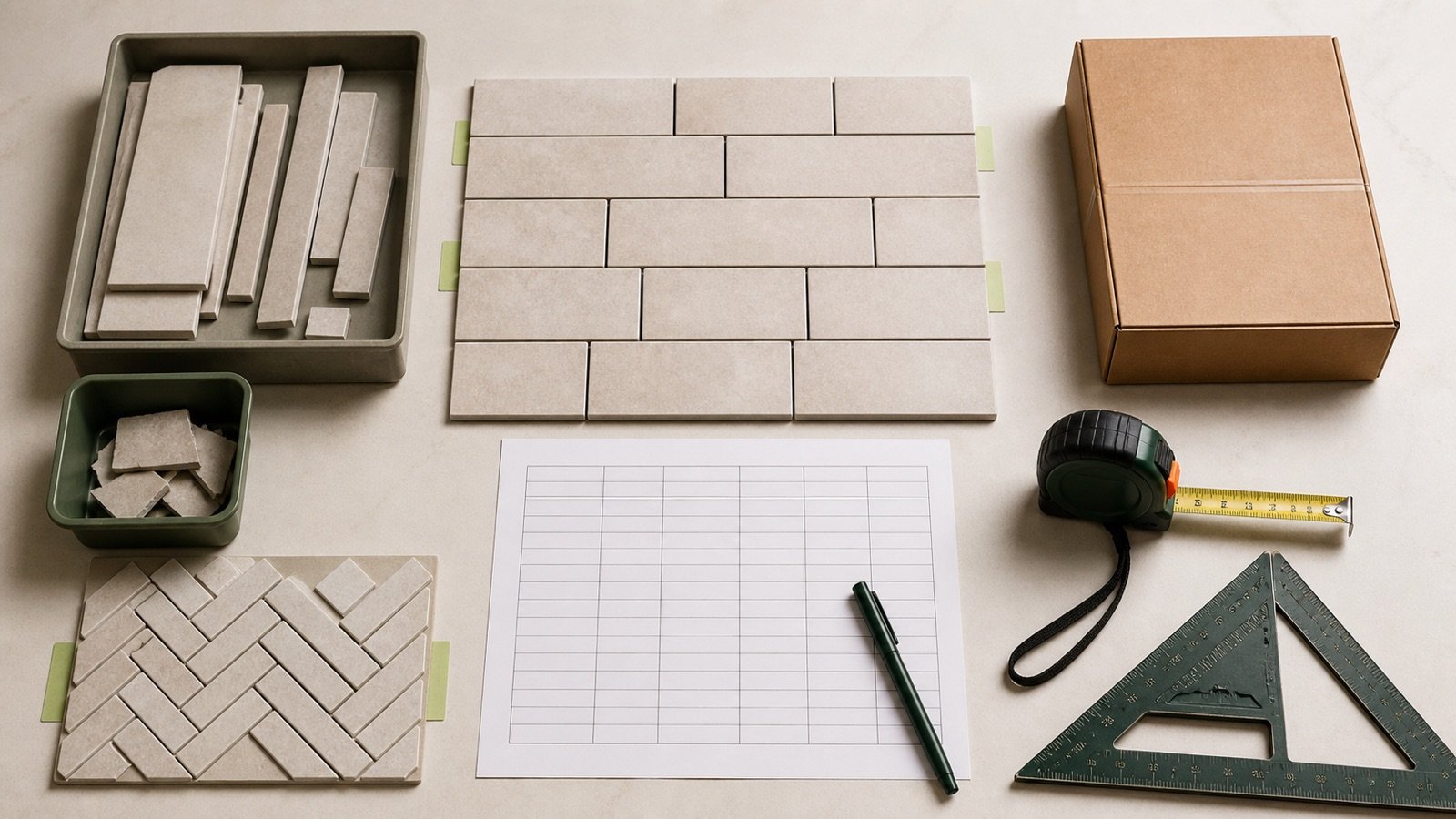 Straight and herringbone tile layout samples beside sorted reusable offcuts, chipped pieces, a sealed spare carton, tape, square and blank cut schedule.