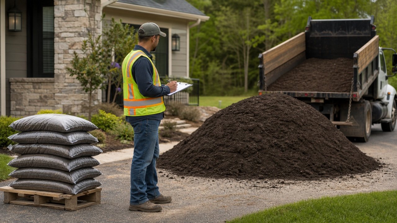 Landscape estimator comparing bagged topsoil with a loose bulk topsoil delivery.