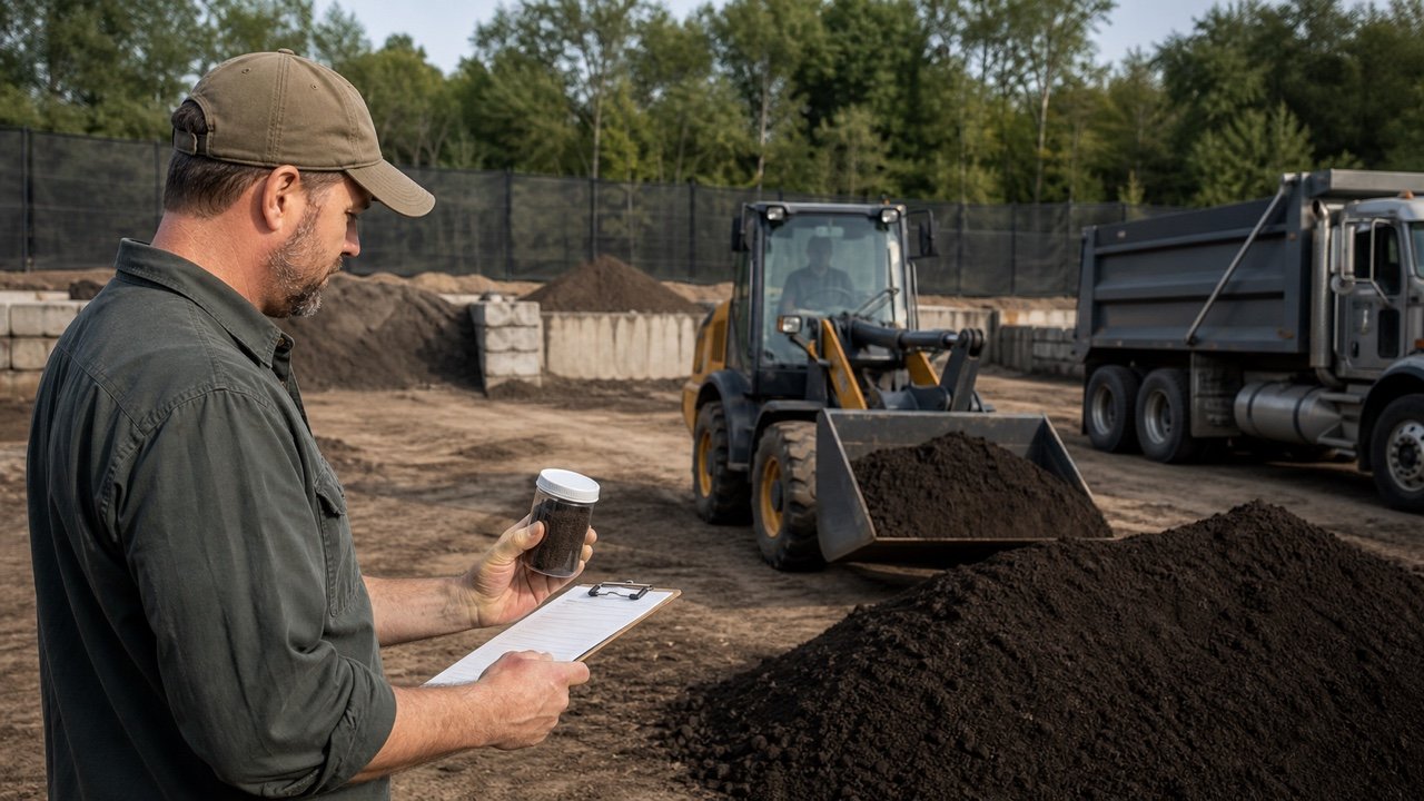 Estimator checking a soil sample and delivery record beside screened topsoil, a loader and a dump truck.