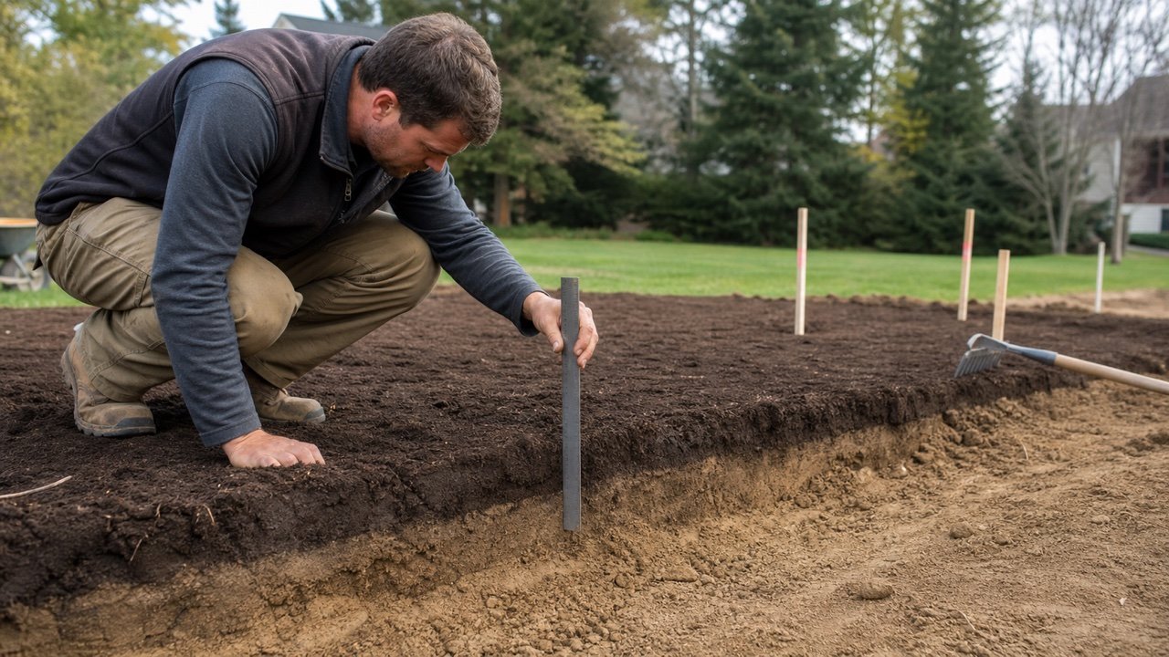 Landscape contractor checking the depth of placed topsoil above a prepared subsoil layer.