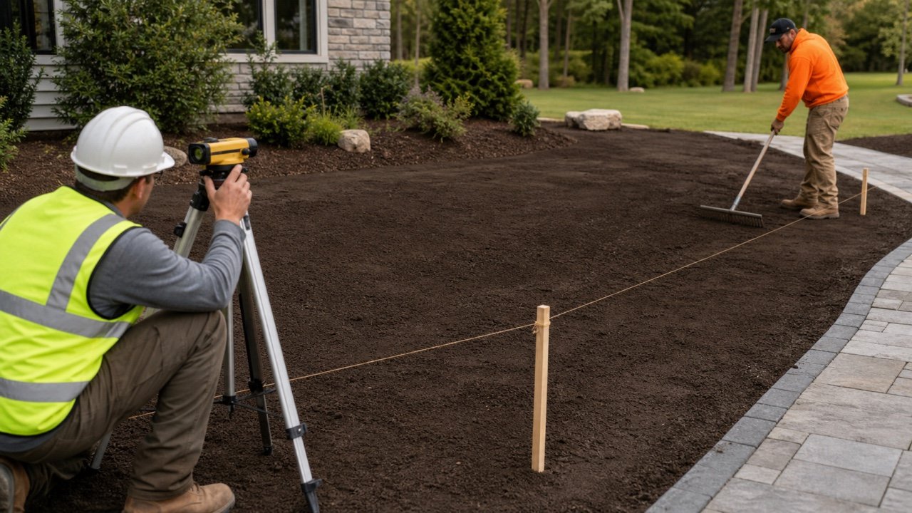 Landscape crew checking the finished grade of newly placed topsoil with a survey level, stakes, string line and rake.