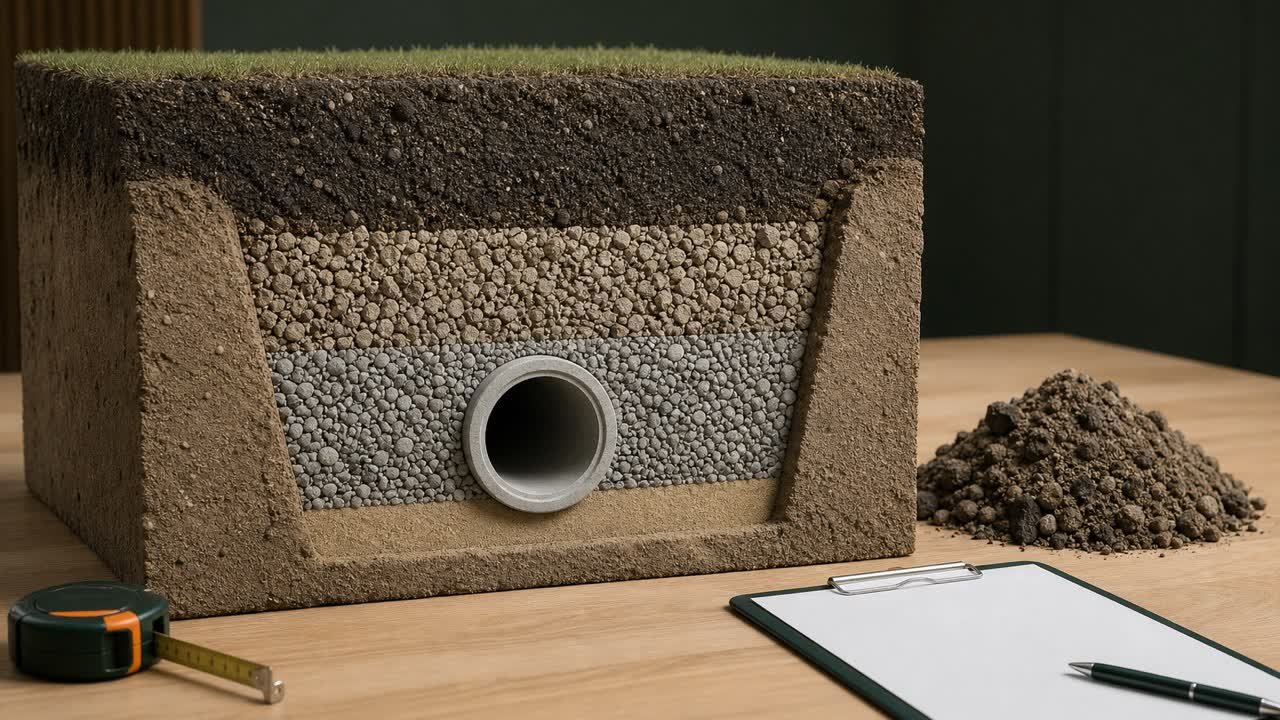 Technical trench cross-section showing pipe displacement, net pipe-zone material, upper backfill, and a volume ledger that equals gross trench volume.