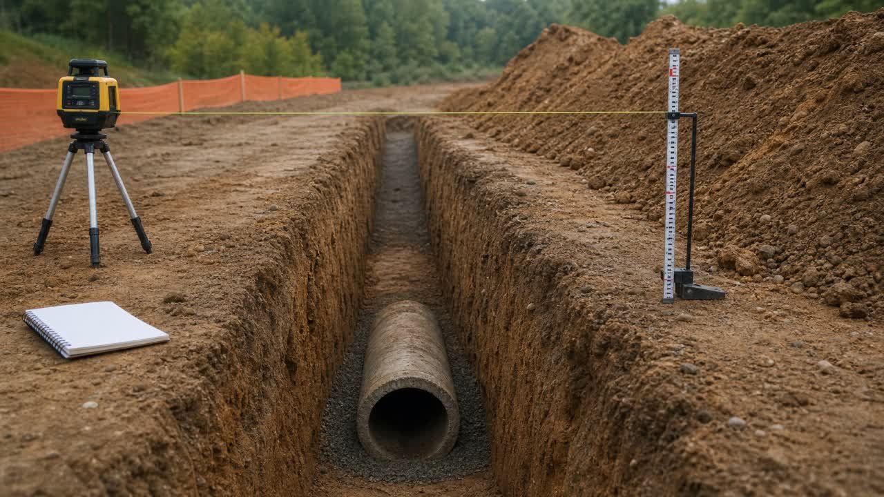 A pipe at the bottom of a trench beside a laser level, grade rod, reference line, spoil pile, and blank survey notebook.