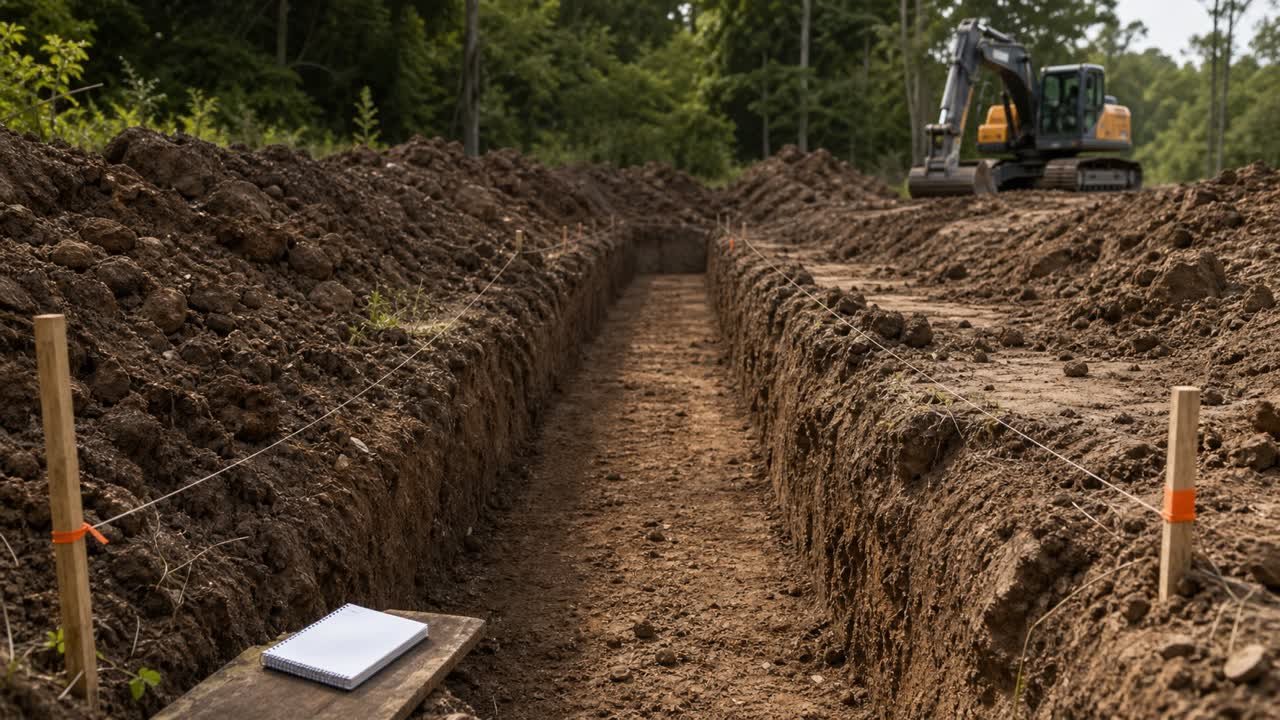 A trench with string lines marking the intended edges and an irregular wider section caused by excavated sidewall overbreak.