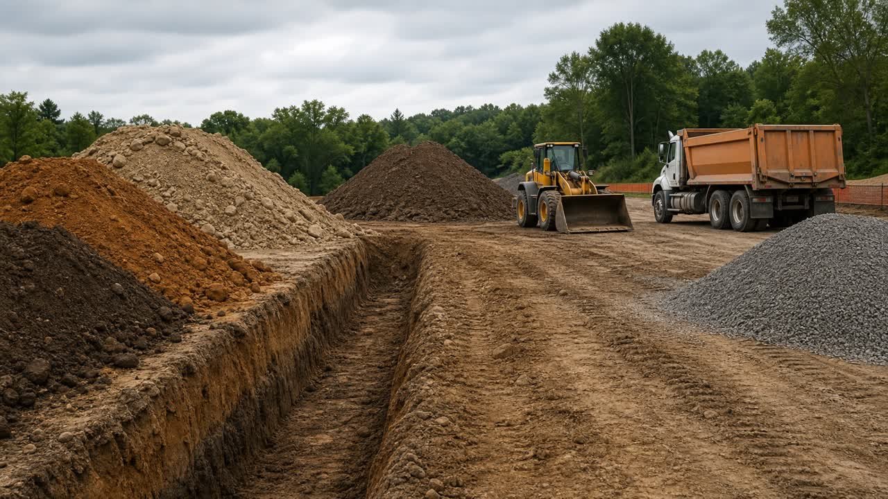 A trench worksite with separated spoil and reuse piles, an imported aggregate pile, a loader, and an export dump truck.