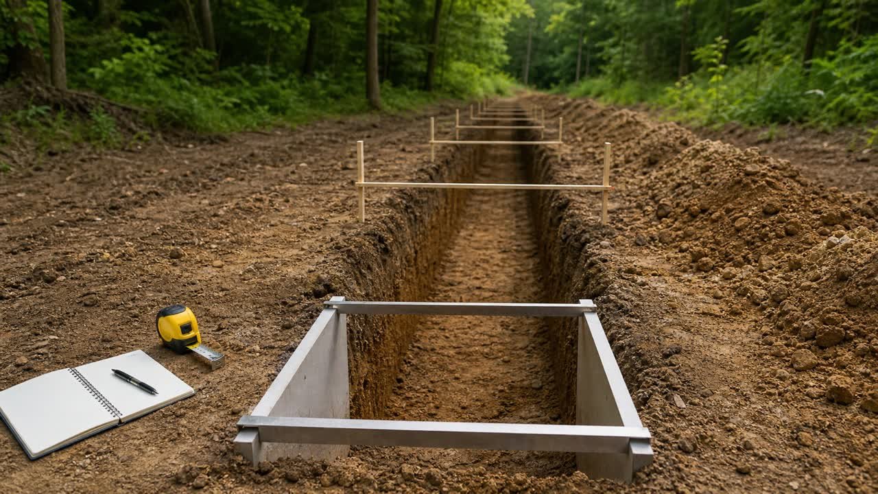 A straight uniform trench marked by repeated equal-length stations, with a rigid cross-section frame, tape, and blank notebook.