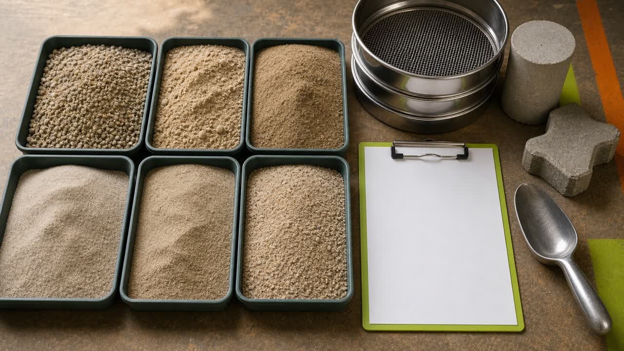 Six trays of construction sand with different grain sizes and textures beside sieves, sample pieces, a scoop, and a blank product record.