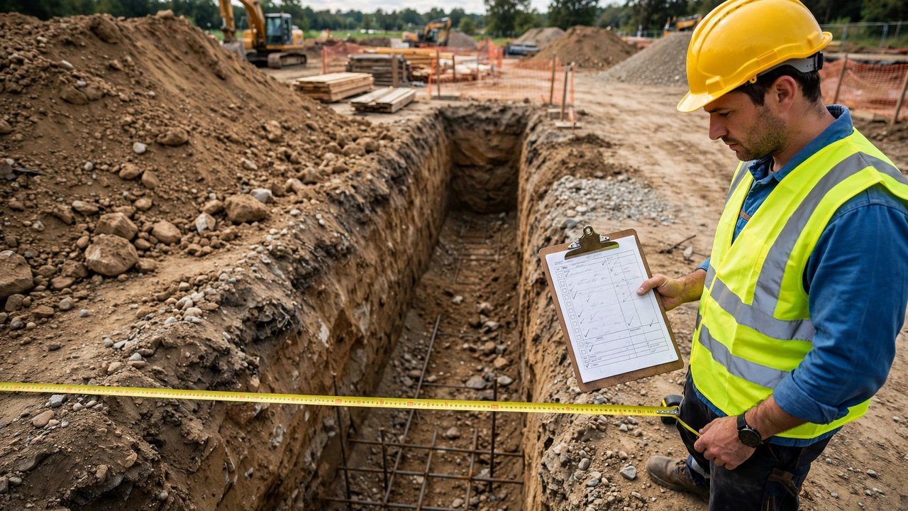 A construction foreman in a hard hat and safety vest holding a clipboard at the edge of an open footing excavation trench, with a yellow tape measure stretched across the trench and an excavated spoil pile nearby.