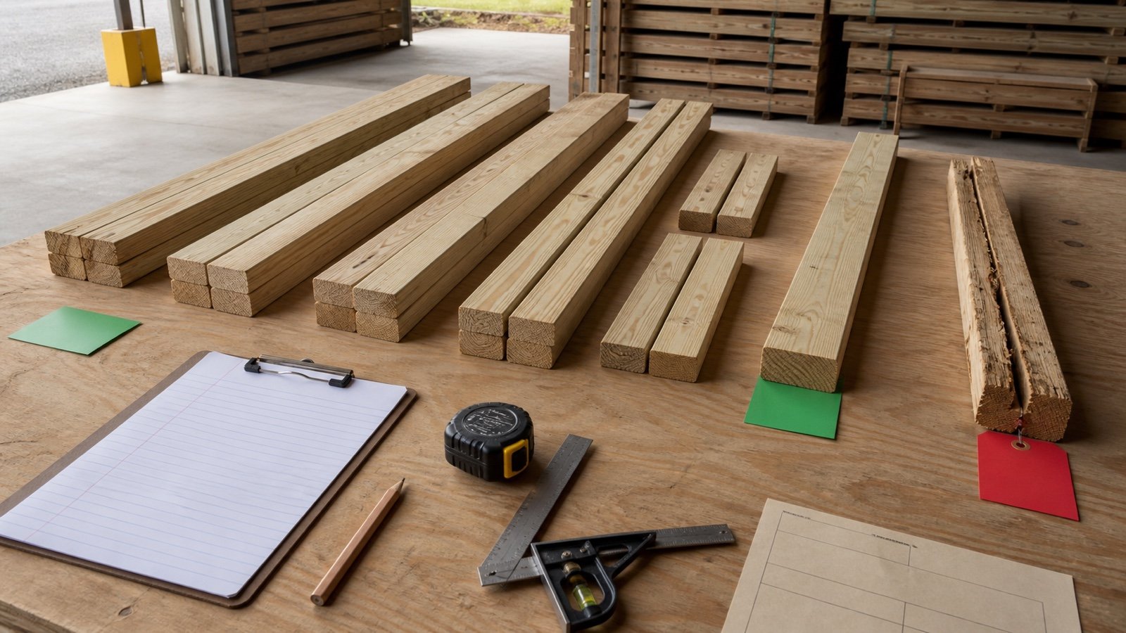 Wall-plate lumber sorted by full stock length beside cut segments, a blank order sheet, one usable board and an isolated damaged board.