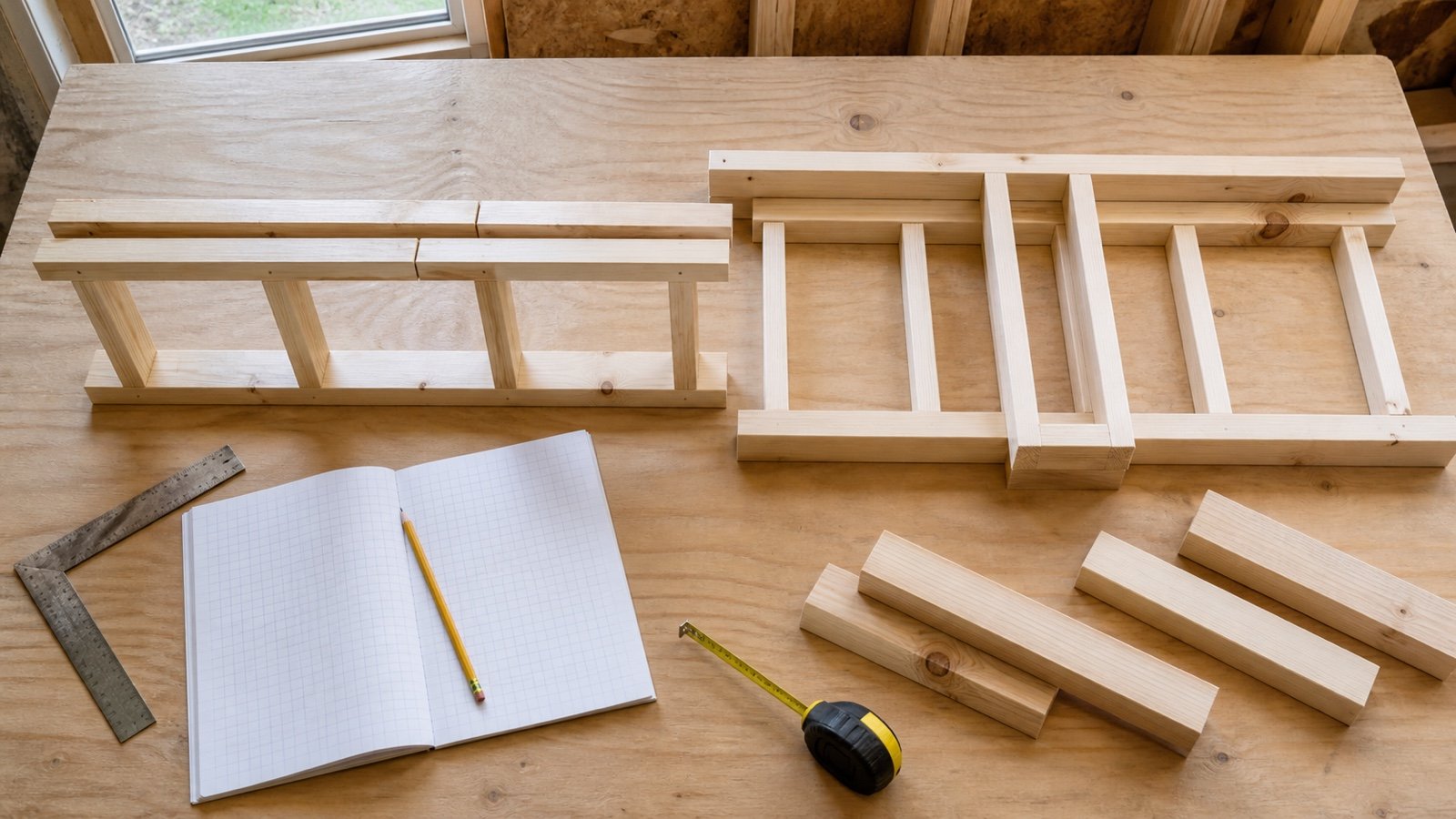 Timber wall mock-ups showing staggered top-plate joints and a T-intersection beside loose cut segments and a blank takeoff sheet.