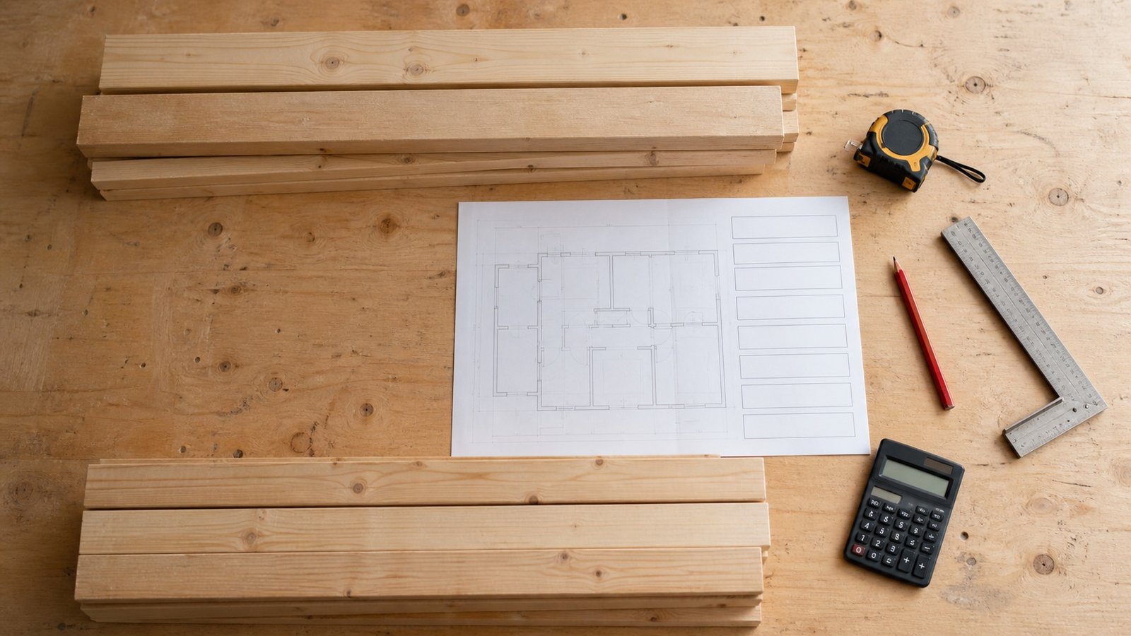 Separate top- and bottom-plate lumber groups beside a floor plan, blank takeoff rows, tape measure, square, pencil and calculator.