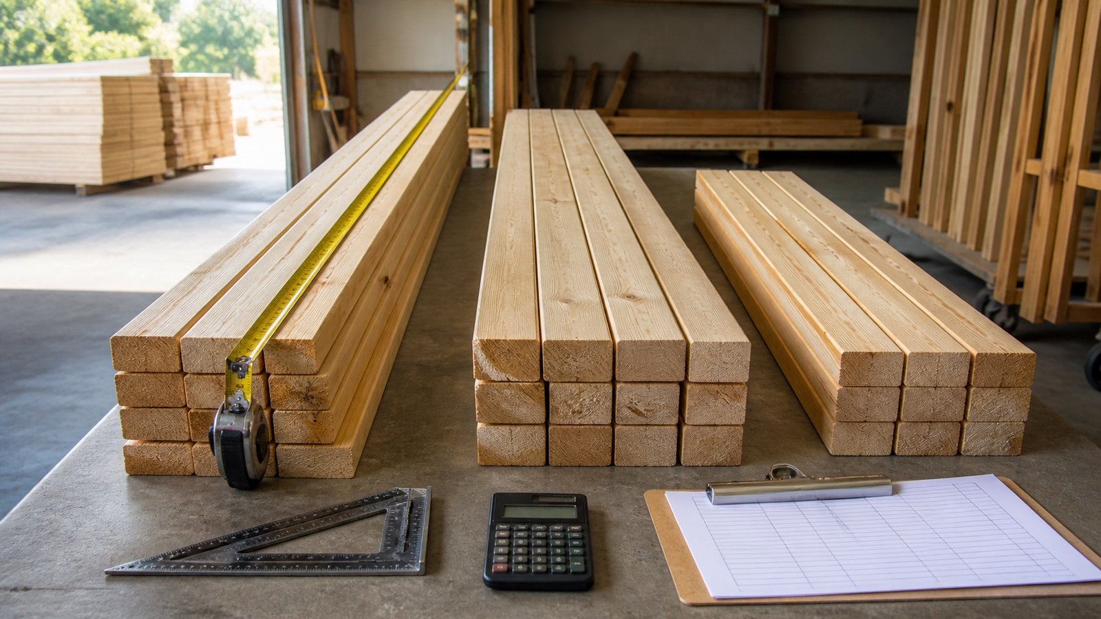 Three separate groups of wall-stud lumber in different lengths beside a tape measure, square, calculator and blank order sheet.