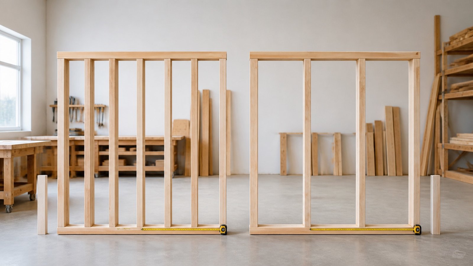 Two timber wall-frame samples in a workshop, with closer stud centers on the left and wider stud centers on the right.