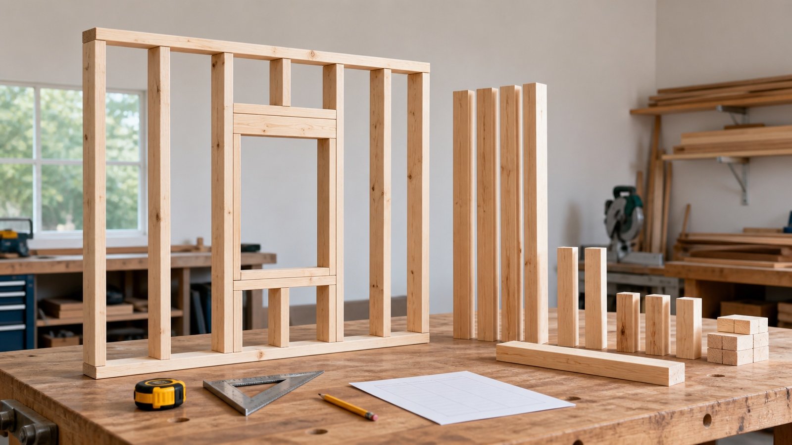 Timber wall-frame sample with a rough opening beside separate full-height studs, short framing pieces, backing blocks and a blank takeoff sheet.