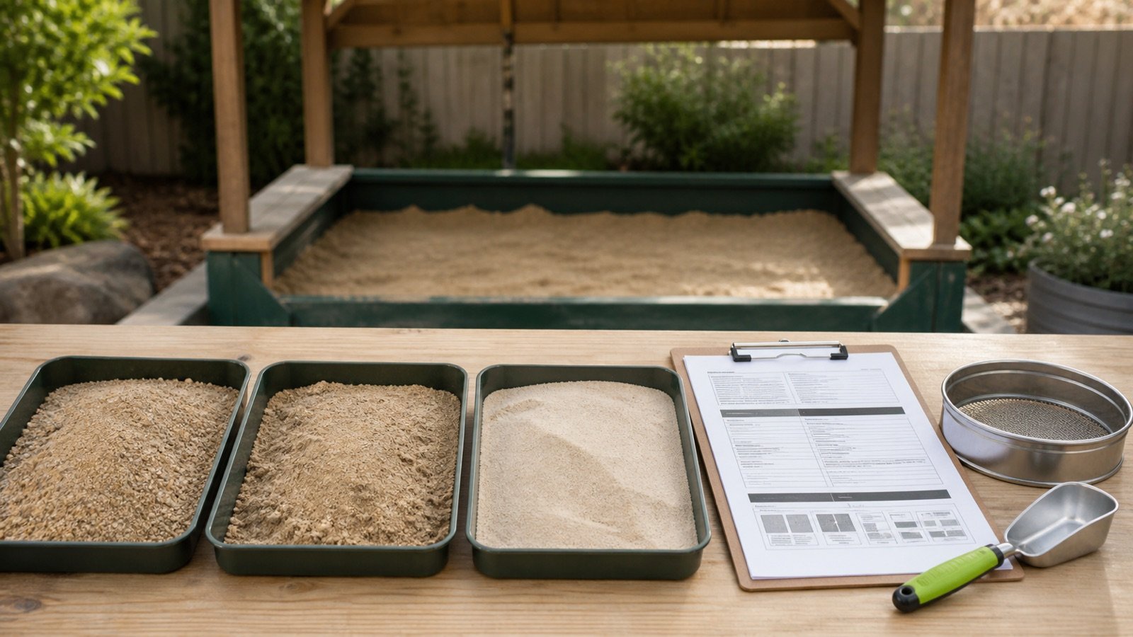 Three unbranded sand samples beside a product-record clipboard, sieve and scoop, with a covered backyard sandbox behind the workbench