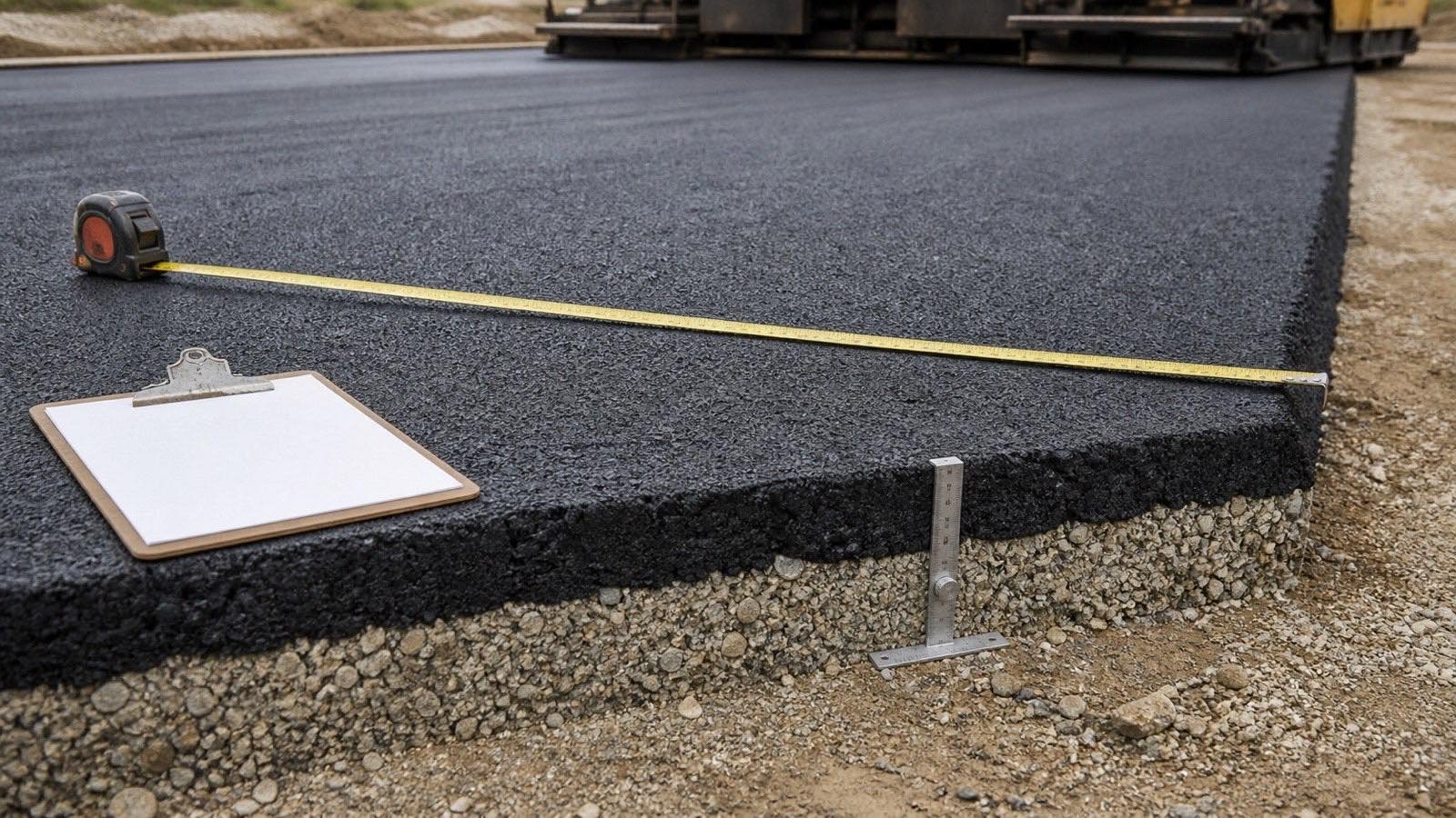 Fresh asphalt layer over a prepared aggregate base with a tape measure, depth gauge and blank takeoff clipboard.