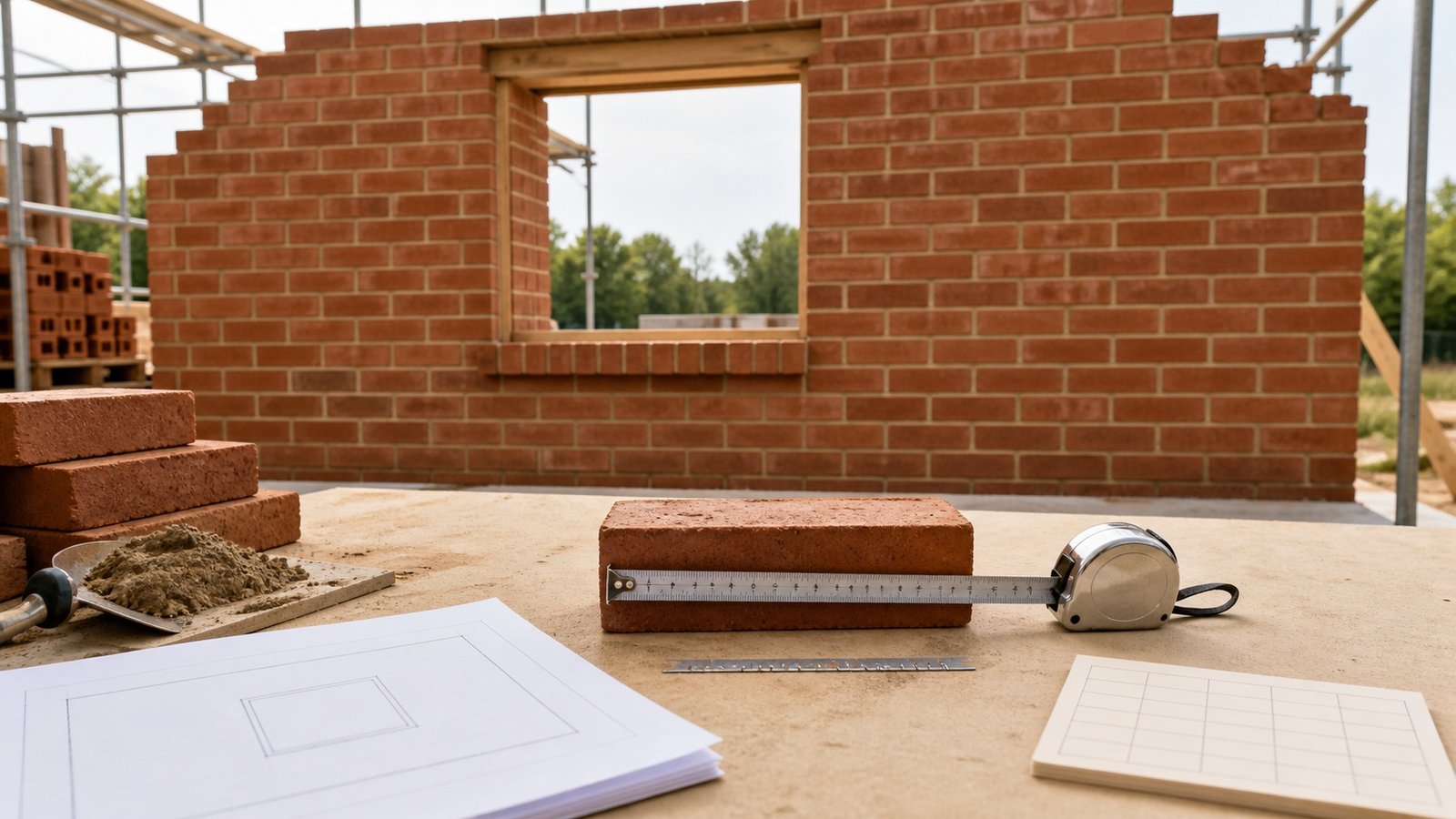 Brick wall with a rectangular opening, a face brick measured by tape, a joint gauge and blank quantity records.