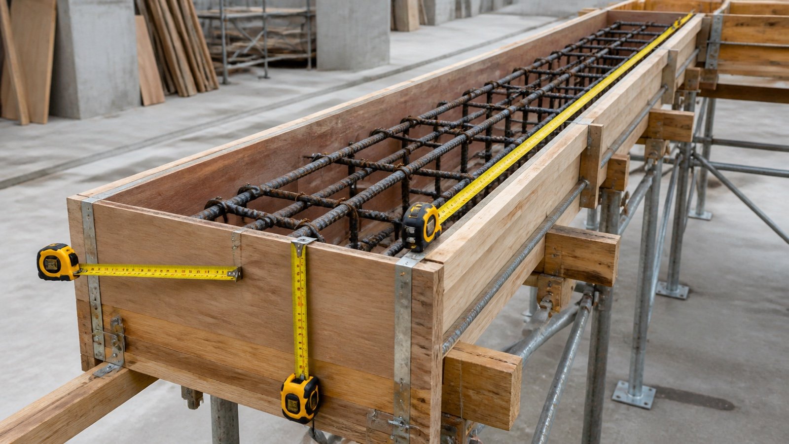 Three tape measures check the inside width, overall depth and length of a rectangular concrete beam form.