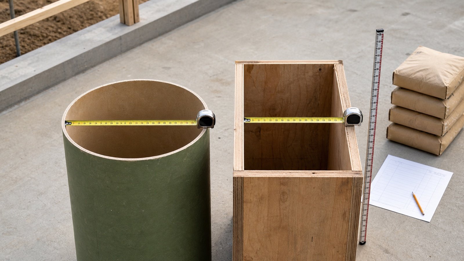 Tape measures span the clear inside dimensions of round and rectangular concrete column forms