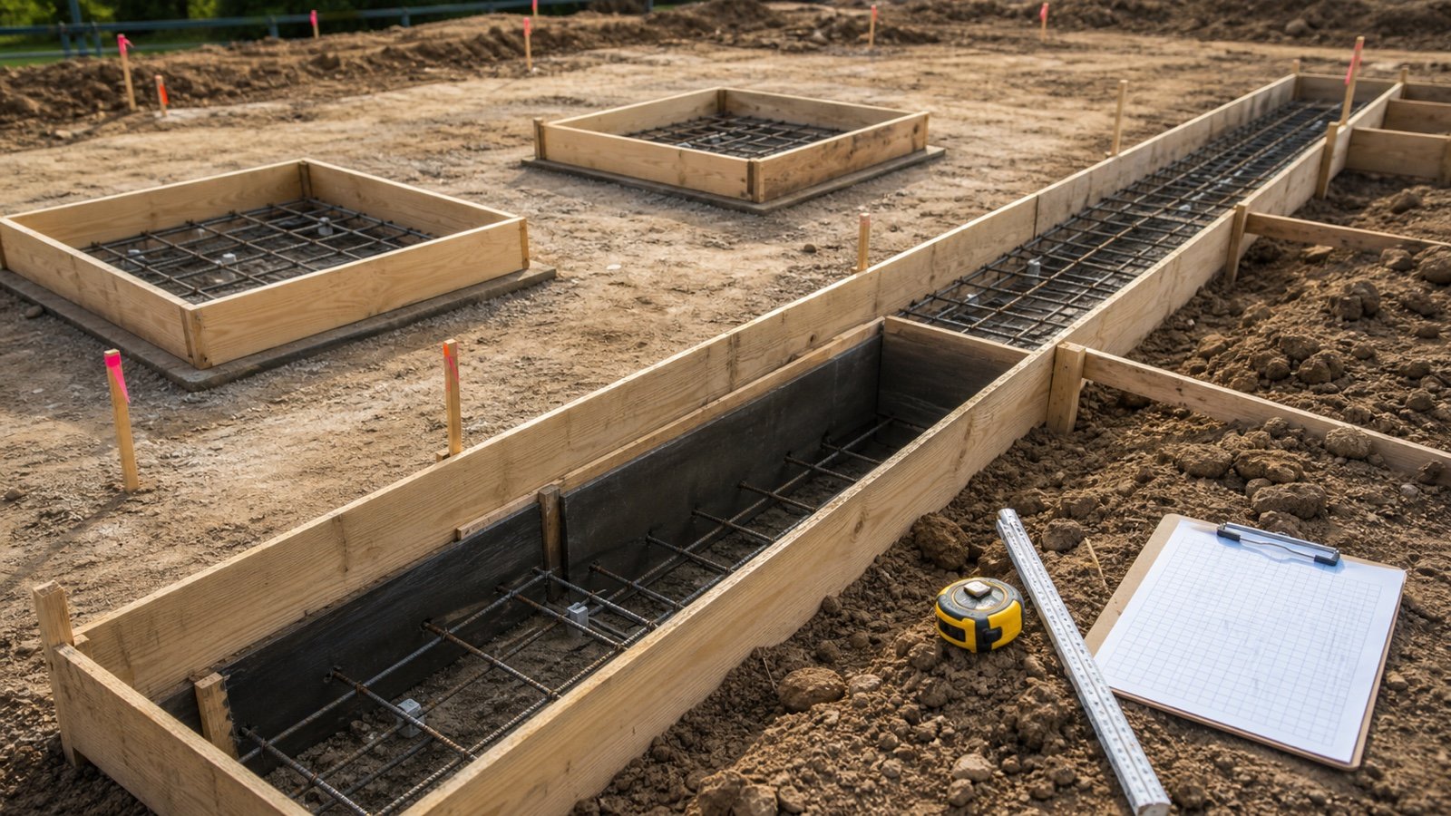 Strip footing form with a stepped depth, two square pad footing forms, a tape measure and a blank takeoff sheet