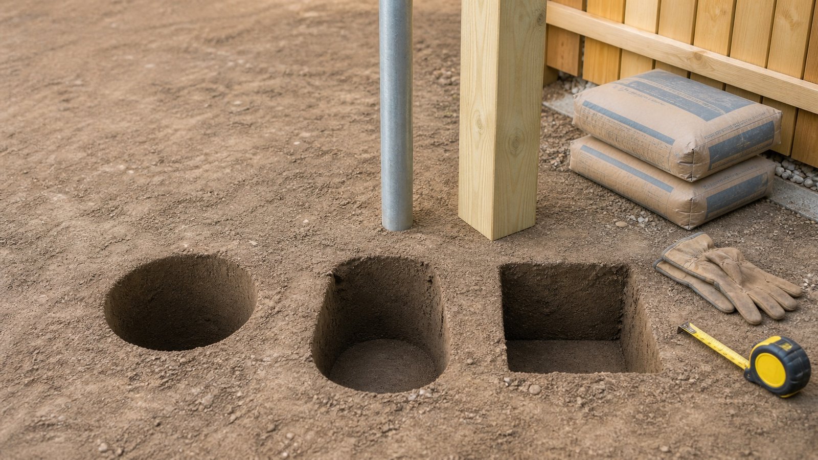 Straight round, tapered round and square post holes beside timber and steel posts, concrete bags and a tape measure