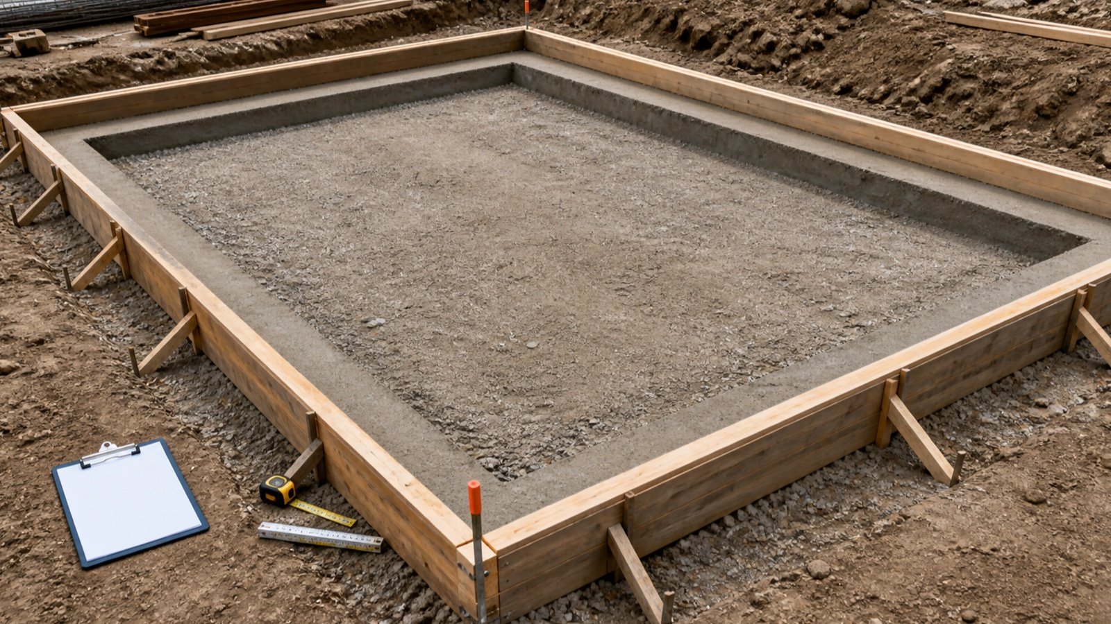 Rectangular concrete slab form with a visible deeper square-edged perimeter band, tape measure and blank takeoff sheet