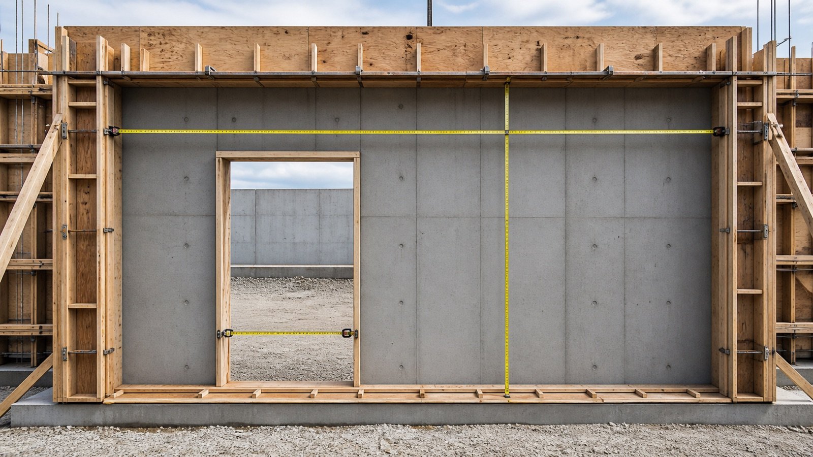 A rectangular concrete wall and door opening are checked with horizontal and vertical tape measures inside timber formwork.