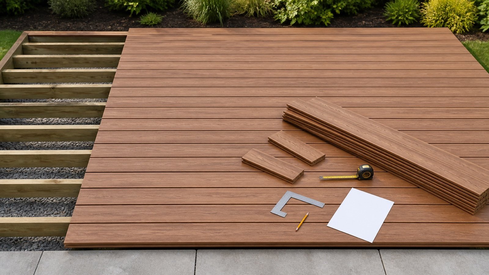 Partially completed straight deck-board field with visible internal gaps, plain stock boards, short offcuts, tape, square and blank worksheet.