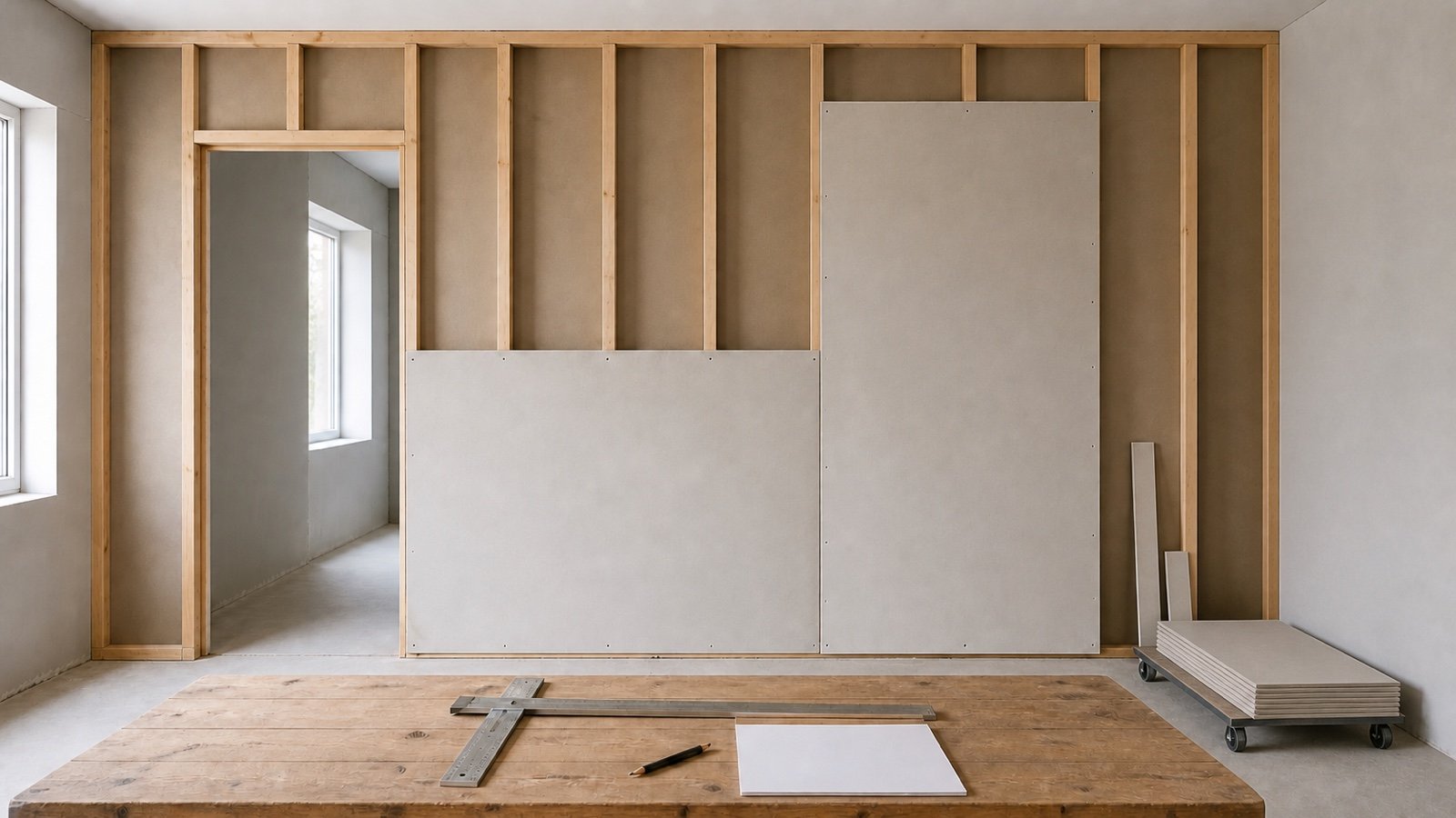 Unfinished framed wall with a door opening, horizontal and vertical gypsum panel examples, flat panels on a cart, a T-square and a blank worksheet.