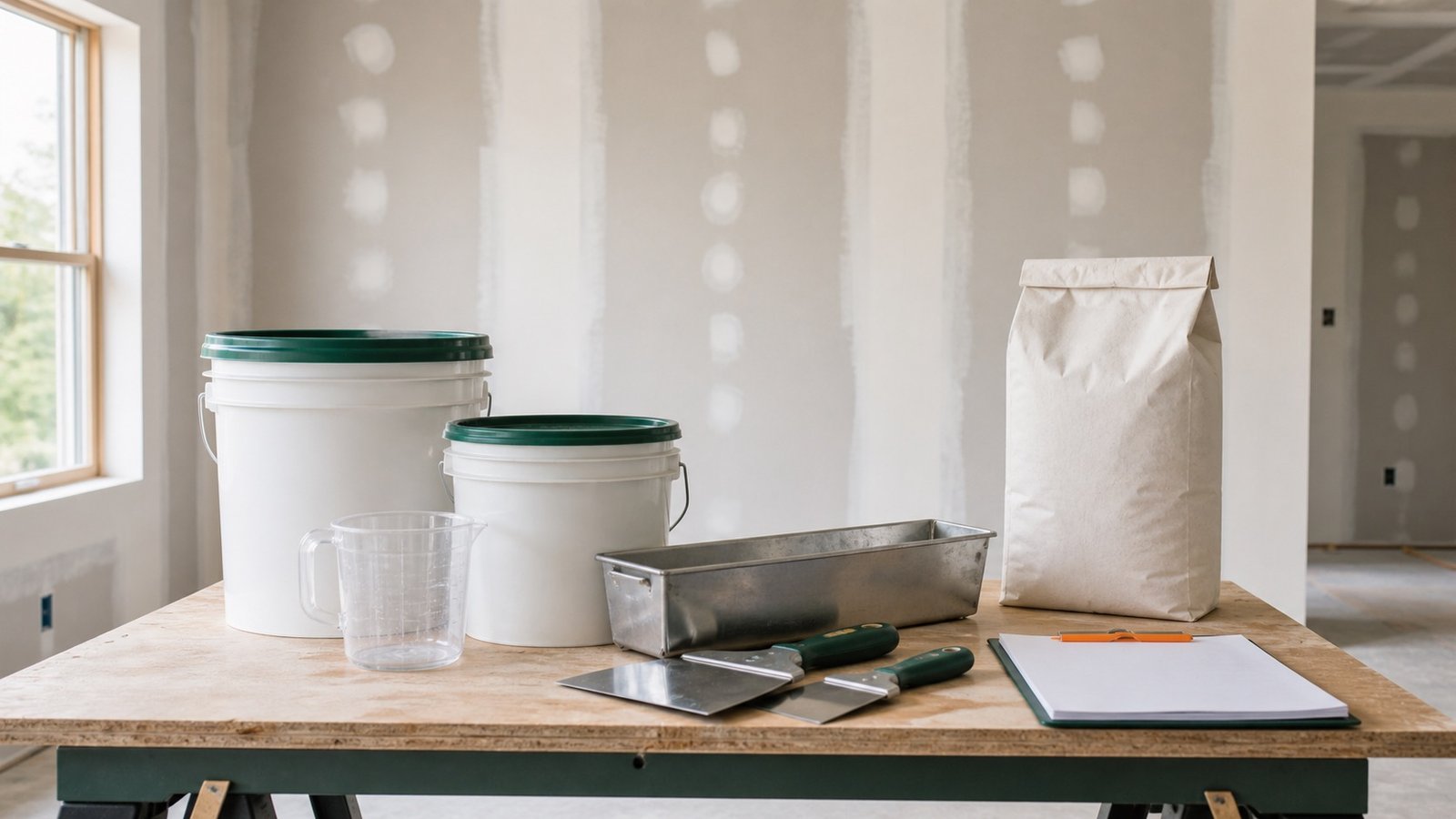 Two sealed joint compound pails and a separate sealed dry-compound bag with taping tools in a room with finished drywall joints.