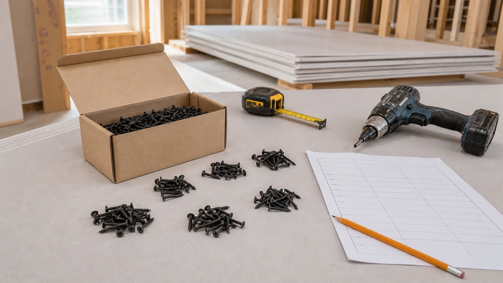 Unbranded drywall screws separated into counting groups beside a plain box, takeoff sheet, tape measure and screw gun.