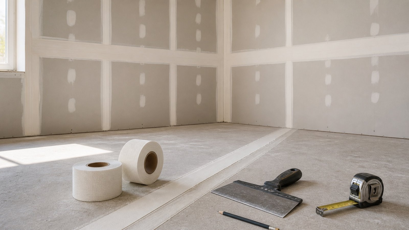 Two unbranded drywall joint tape rolls, a taping knife, pencil and tape measure in a room with finished panel joints.